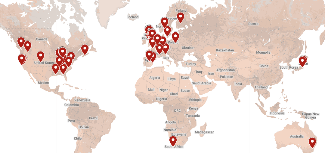 World map pinpointing international speaker locations